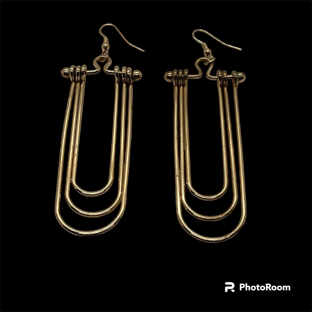 Gold Tone Nested Curve Wire Earrings Gear head Statement Dangle Pierced